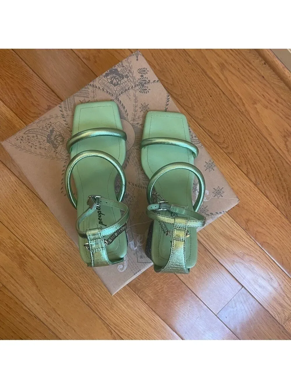 Free People Parker Silver Chain Heels Green Lime Metallic Sz 39